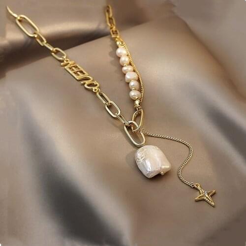 Origin Summer Baroque Irregular Freshwater Pearl Star Pendant Necklace for Women Asymmetry Letter Chain Metal Necklace Jewelry
