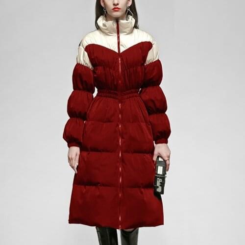 Winter Long Fluffy Thicker Warm White Duck Down Coat Female Hit Color Pleated Design Warm Coats Windproof Parkas With Belt F2622