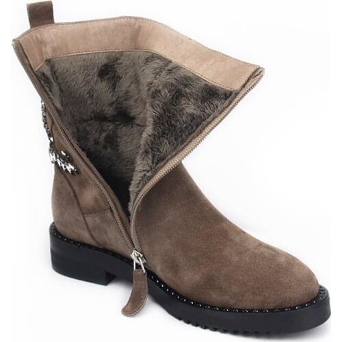 Winter Boots Women Shoes 2018 New Arrival Kid Suede Mid-Calf Boots Ladies Handmade Low Heel Crystal Women' s Shoes