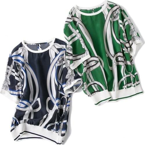 100%silk spliced women summer fashion Oneck young printed t-shirt short sleeve green 2color M/L retail mix wholesale