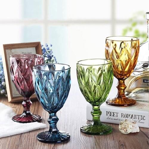 4 pcs/set Multicolour relief red wine glass cup Engraved Prism assorted color footed goblets Cocktail Glass Whiskey Cups