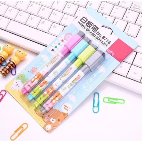8714 4 PC/Set Cute 4-Color Mini Dry Erase Marker Whiteboard Marker Pen with Magnet & Brush for Shcool Stationery & Office
