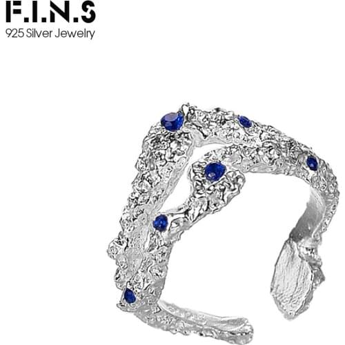 F.I.N.S S925 Sterling Silver Hollow Burnt Finger Ring Bump Surface Open Blue Zircon Inlaid Index Finger Statement Fine Ring