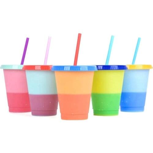 Color Changing Cup, Plastic Cup, Reusable Plastic Cup, Color Changing Cup, Plastic Cup with Cover and Straw,5 Pieces