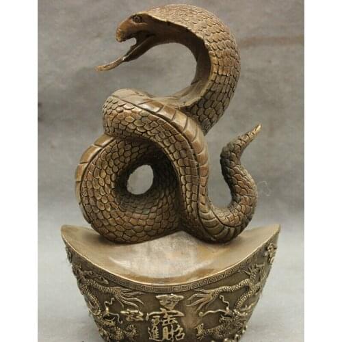 Song voge gem S3067 8" Chinese Bronze Copper Year Zodiac 5 Mammon Snake Statue On Dragon YuanBao