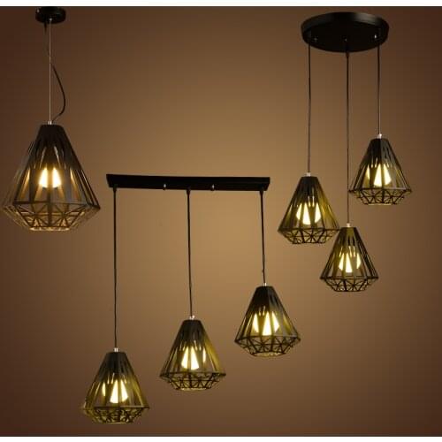 Retro Pendant light geometric openwork Diamond bar iron living room restaurant minimalist personality 1/3 head pendant lamps ZH