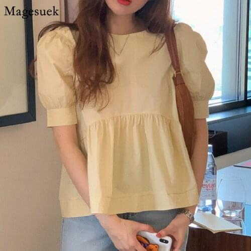 Chic Sweet Puff Sleeve Round Neck Blouse Women Summer Korean Plus Size Tops Yellow White Loose Woman Shirt Blusas Mujer 14832