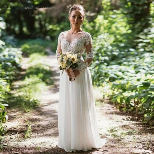 Boho Wedding Dresses for Women 2021 Long Sleeve Lace Appliques A-Line Bohemian Bridal Gowns Bride Dress Vestido De Noiva