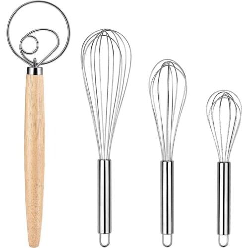 Stainless Steel Whisk 4 Pack Danish Dough Whisk Kitchen Whisk Dutch Dough Whisk for Cooking, Blending, Beating