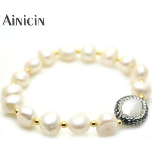 Natural Freshwater Pearl Beaded Bracelets Black Rhinestone Crystal Paved Fashion Women Stretch Bracelet Birthday Gift Jewelry