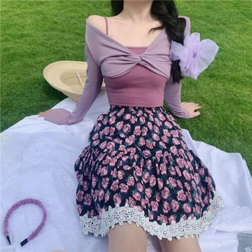 2021 Korean Chic Summer Women 2 Pcs Purple Set Cross Neck Crop Top+Floral Printed Lace Ruffles Mini Skirt Romantic Sweet Outfit