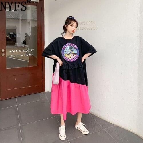NYFS 2021 Korean New Loose Printing Woman Dress Vestidos Robe Elbise Patchwork Big Hem Summer Dress