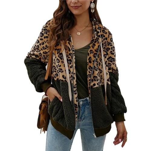Ladies Warm Hooded Coat Women Fashion Leopard Patchwork Overcoat Ladies Plush Coat New Autumn Winter Tops For Female Plus Size