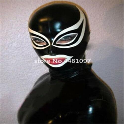 Handmade Black Latex Hood Rubber Mask with Back Zipper White Trim Cosplay Party Wear Halloween Cosplay Costumes