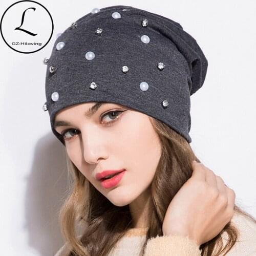GZHILOVINGL 2018 Fashion Diamond Pearl Hat Winter Knitted Women Soft Skullies Beanies Cotton Cute Black Casual Cap For Ladies