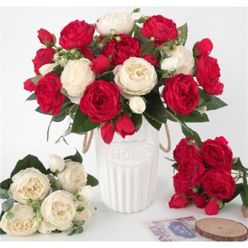 1pc Silk Peony Artificial Flower Bouquet 5 Big Heads and 4 Buds Fake Rose Flowers for Home Room Party Wedding DIY Decor