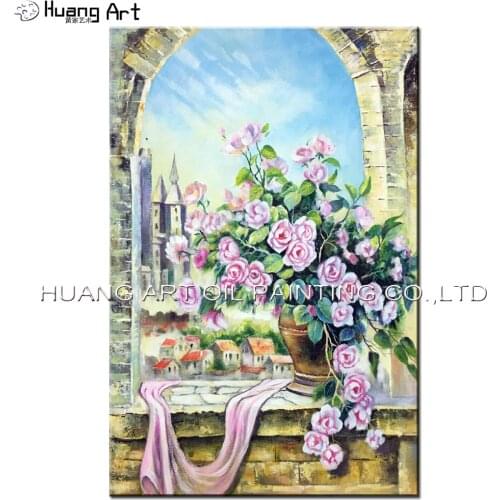 High Quality Pink Rose Vase Painting Handmade Classical Landscape Home Decor Canvas Oil Painting Sofa Background Wall Painting