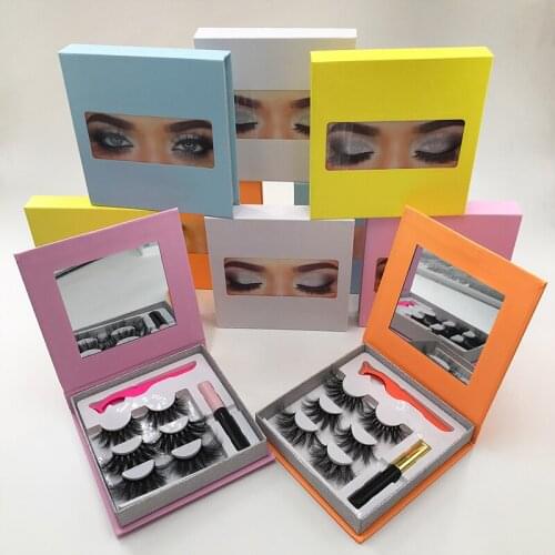 Custom Mirror Lash Box 25mm Mink Lashes Black Glue 3Pairs Pink Eye Lash Box with Eyelashes Applicator