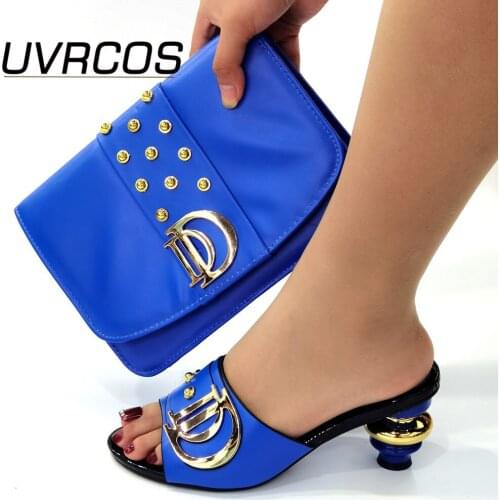 Royal Blue italian design Women Shoes and Bags To Match Set On Sale Nigerian Women Wedding high shoes with Rhinestone Design