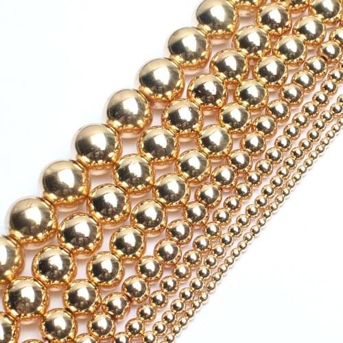 Natural Stone 14K Gold Color Hematite Beads 2 3 4 6 8 10 12MM Round Loose Beads for Jewelry Making Diy Bracelet Necklace 15 Inch