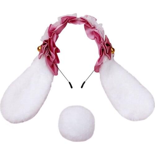 Lolita Lace Ribbon Plush Rabbit Ears Headband Cosplay Lolita Fox Ear Anime Party Costume Hair Band Tail Halloween Accessories