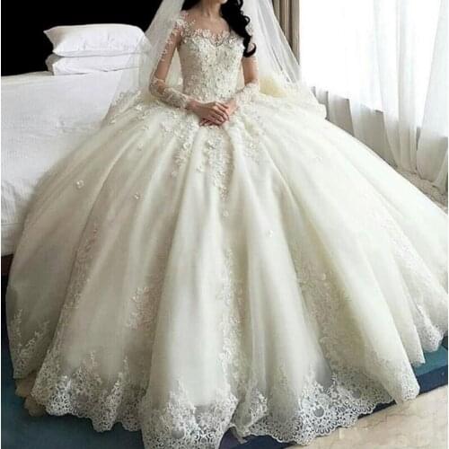 2021 O-Neck Long Sleeve Ball Gown Court Train Tulle Lace Pleat Elegant Tiered Wedding Dress Bride Gown Vestidos De Novia