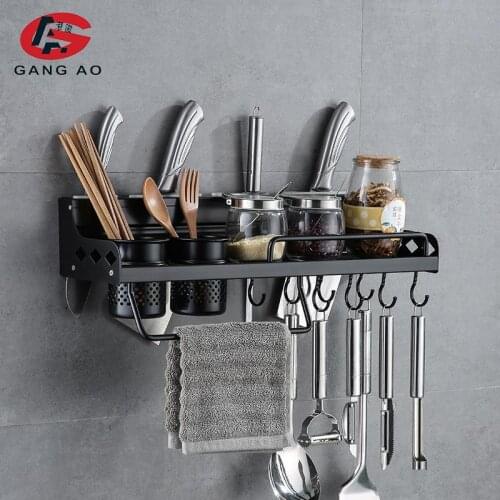Kitchen Sapce Alumimum Black Shelves Cooking Utensil Hanging Shelf Spice Organizer With Hooks Kitchen Tools Holder Kitchen