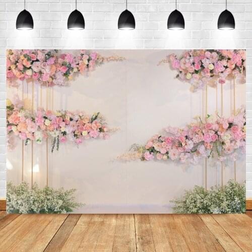 Laeacco White Wall Pink Rose Flowers Wedding Party Photography Backdrop Birthday Decor Baby Shower Photo Background Photo Studio