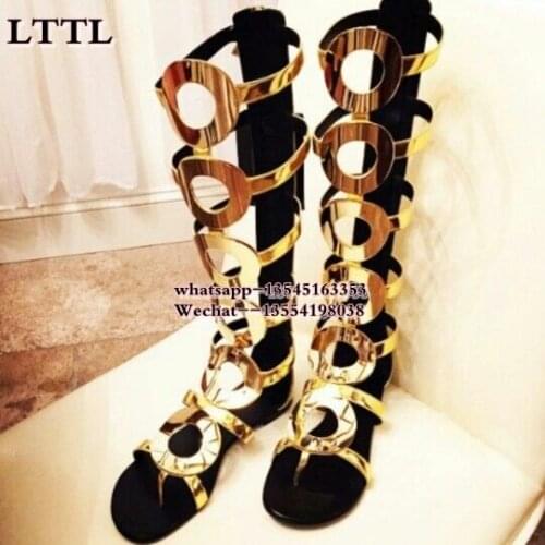 Summer Newest Model style fashionable elegant gold concise circle hollow out women shoes open Toe long flat sandal Boots On Sale