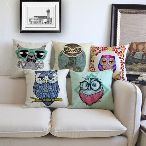 Cartoon Cute Animal Owls With Glasses Linen Cotton Throw Pillow Case Home Chair Sofa Decorative Cushion Cover 45x45cm