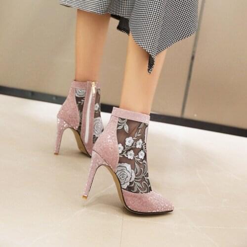 Spring and summer new thin heel womens sandals high heel mesh single shoes silver embroidery lace high heel mesh boots womens