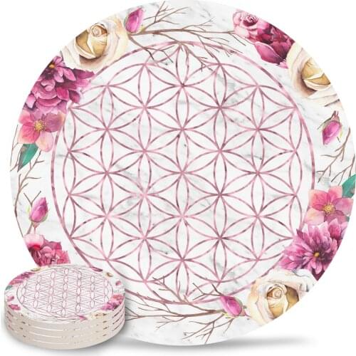 Mandala Rose Garden Pink on White Coasters Waterproof Tea Cup Mat Christmas Home Decor Coffee Table Decor Ceramic Coasters