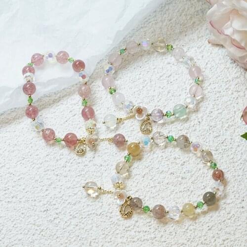 Flower Pink Strawberry Crystal Multicolor Rutilated Quartz Beads Strand Bracelets for Women Girls Summer Fashion Jewerly YBR358