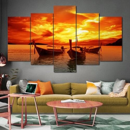 SELFLESSLY 5 Panels/Set Sunset Boat Ship Landscape Pictures Canvas Painting Posters Prints Wall Art For Living Room Home Decor
