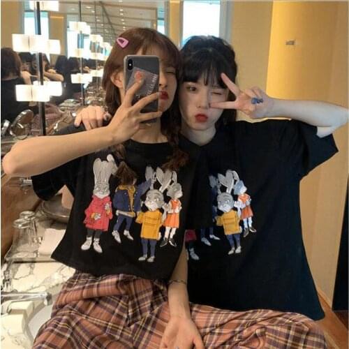 Cute Cartoon Rabbit Print T-shirt Women Spring Summer New Short Sleeve O Neck Tshirt Women Cotton Spandex Tee shirt Femme