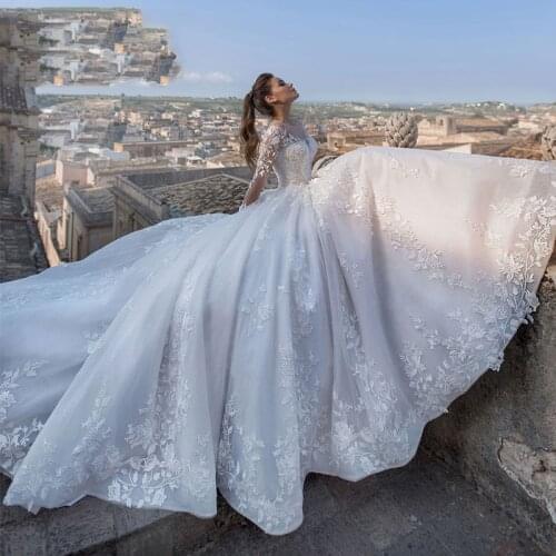 Vestido De Casamento Dubai Africa Long Sleeve Bohemian Wedding Dress 2021 Court Train Princess Bridal Ball Gown Robe De Mariee