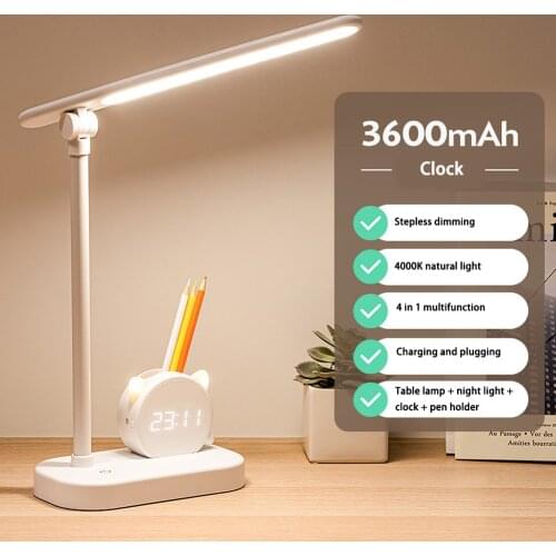 LED Desk Lamp With Clock Stepless Dimmable LED Reading Lamp Built In 3600/5400mAh Battery Foldable Eye Protection Study Lamp