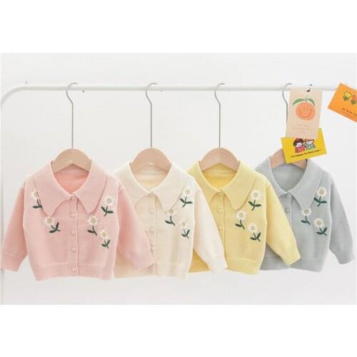 Baby Girls Sweaters Child Knitted Sweater Cardigan Autumn Cute Flower Embroidery Turndown Collar Sweater Coat For Girl Kids Tops