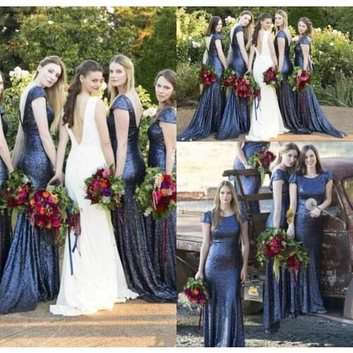 Navy Blue Long Backless Bridesmaid Dress Mermaid Crew Neck Summer Garden Wedding Party Guest Maid of Honor Gown Plus Size Custom
