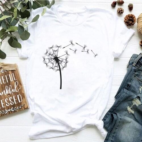 Women T shirt Down Wildflower Dandelion Print Fashion Women T-shirt Casual Fun T Shirt Female Tee Shirts Gift For Lady Yong Girl