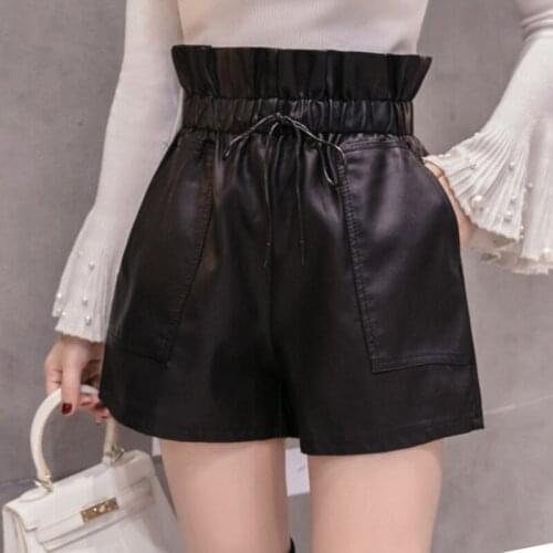 PU Black Shorts Women High Waist Ruffled Straight Shorts Pocket Design Ladies Casual Shorts Slim Fit Party Clothes For Women