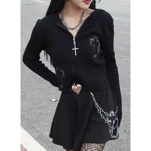 Ruibbit Spring Autumn Women Rock Gothic Knitting Harajuku Punk Cross print Slim Vintage Cardigan zipper Long Sleeve Top Hot Girl