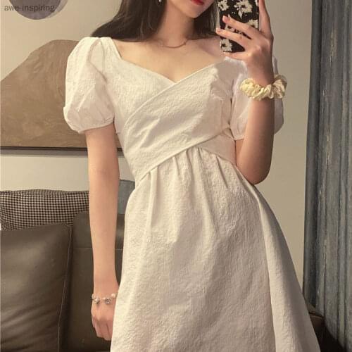 2021 Summer New Temperament Dress Temperament Pure Color Personality High Waist Retro Waist Thin V-neck Fairy Skirt Elegant