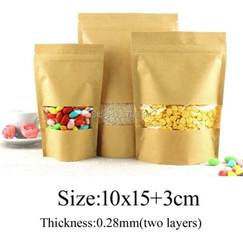 10*15+3cm,200pcs Stand-up Kraft Paper Bag for gift candy coffee tea Window Kraft Zipper/zip lock Bag,Brown Kraft Paper Pouch