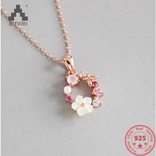 100% S925 Sterling Silver Exquisite Zircon Crystal Pearl Shell Garland Pendant Necklace