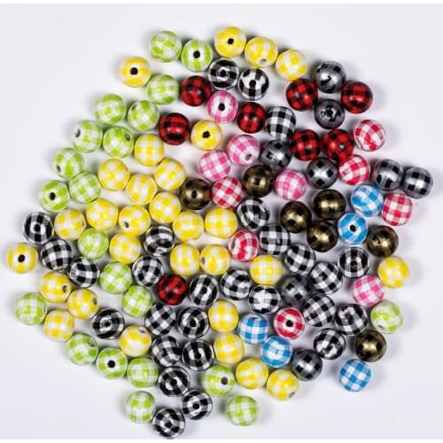 20pcs/lot Eco-friendly Lattice Pattern Painted Wood Beads 16mm Round Ball Plaid Wooden Bead for DIY Handmade Jewelry Accessories