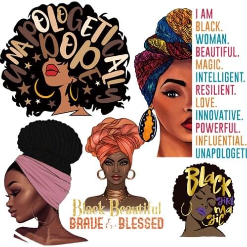 Black Woemen Beauty Girls Heat Transfer Patch Stripes Applique Thermo Stickers On Cothes Iron On Transfers For Clothing Custom