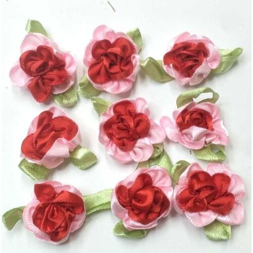 HL 30pcs red color ribbon flowers with leaf handmade apparel sewing appliques DIY accessories A577