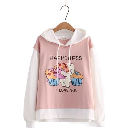 Harajuku Print Patchwork Cotton Hoodies Kawaii Pullover Sweatshirt Women 2021 Winter Full Sleeve Female Drawstring Graphic Tops