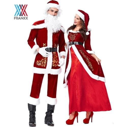 FRANXX New Year Santa Claus Christmas Cosplay Costumes Deluxe Velvet Red Jacket Dress Suit White Beard Adult Women Men Clothes